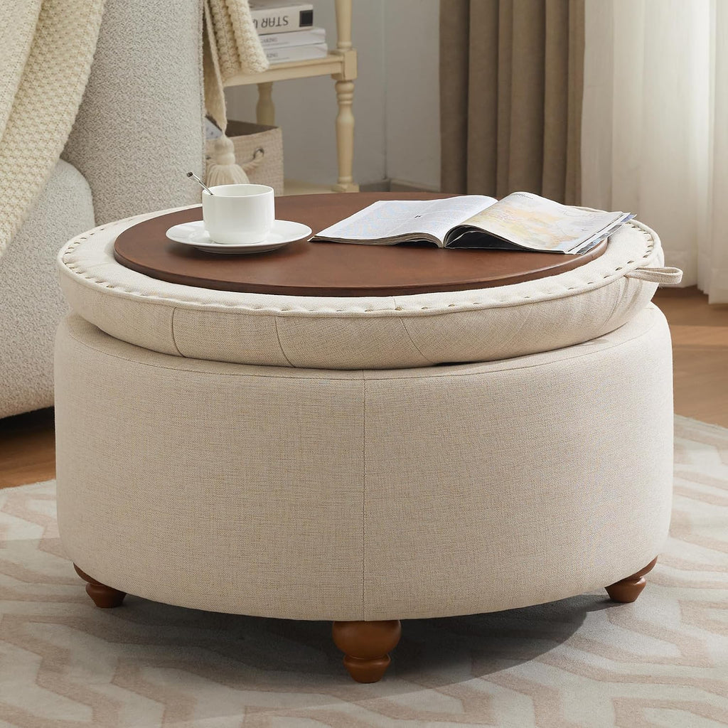 30Inch Round Storage Ottoman with Tray, Modern Tufted Fabric Circle Coffee Table with Storage, Upholstered Ottoman