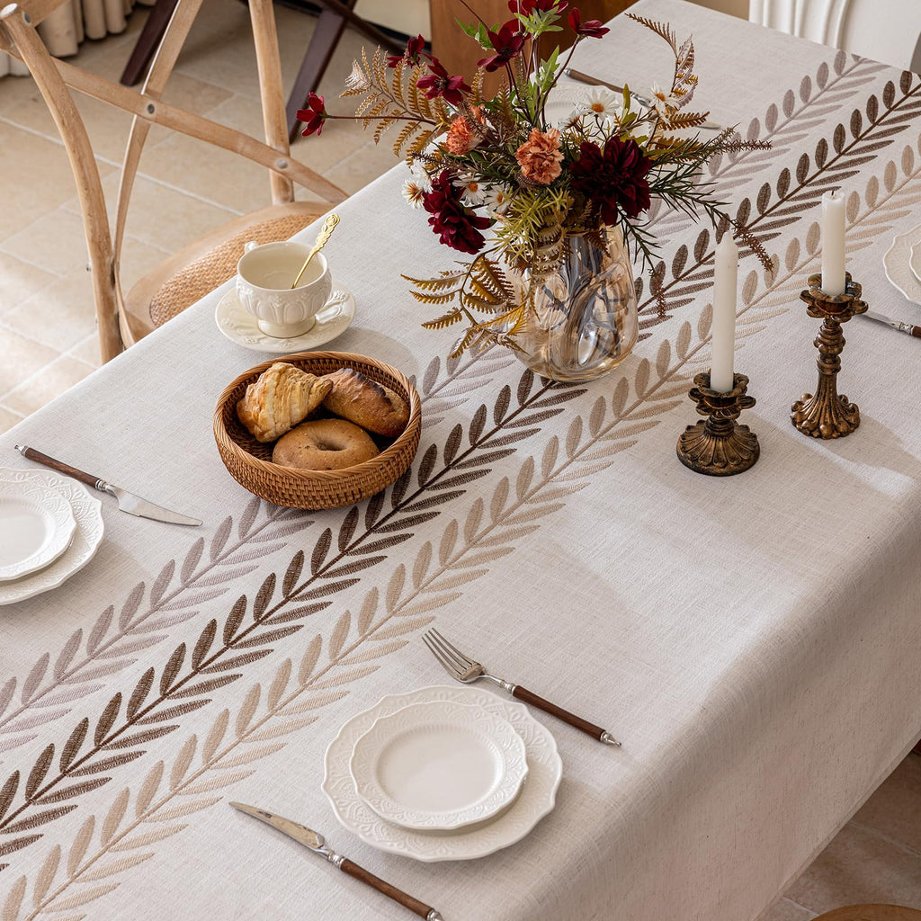 Linen Tablecloths for Rectangle Table, Heavy Duty Beige Embroidery Tablecloths, Burlap Farmhouse Tablecloth