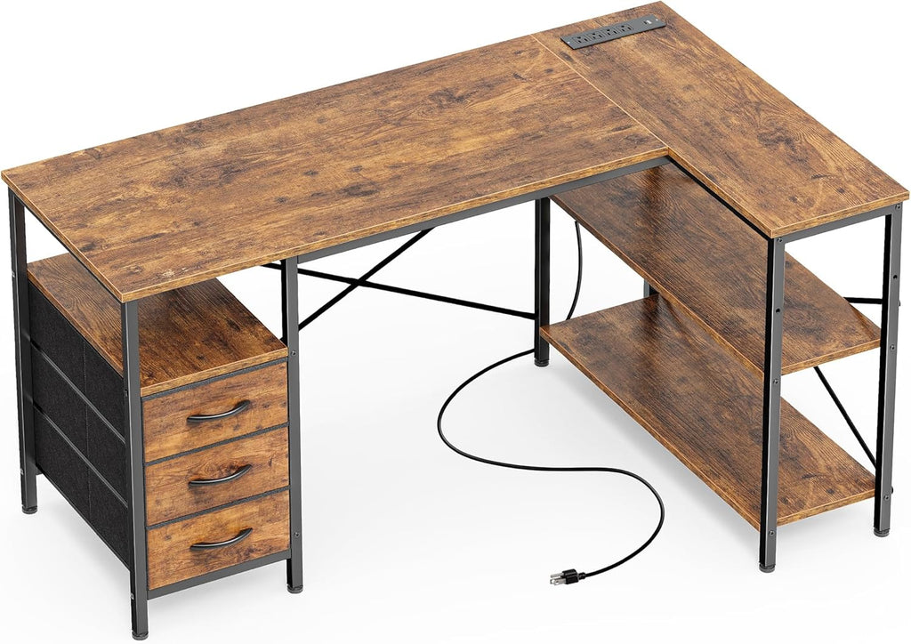L Shaped Office Desk with Power Outlets, 47 Inch Computer Desk with 3 Drawers, Shelves, for Gaming, Corner Work