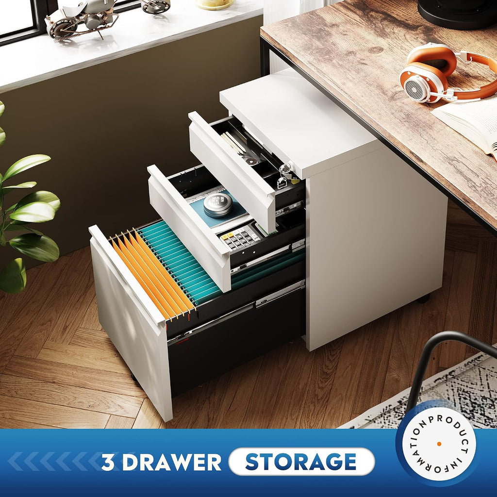 3 Drawer Mobile File Cabinet with Lock, Under Desk Metal Filing Cabinet /Legal/Letter/A4 File, Fully Assembled Except