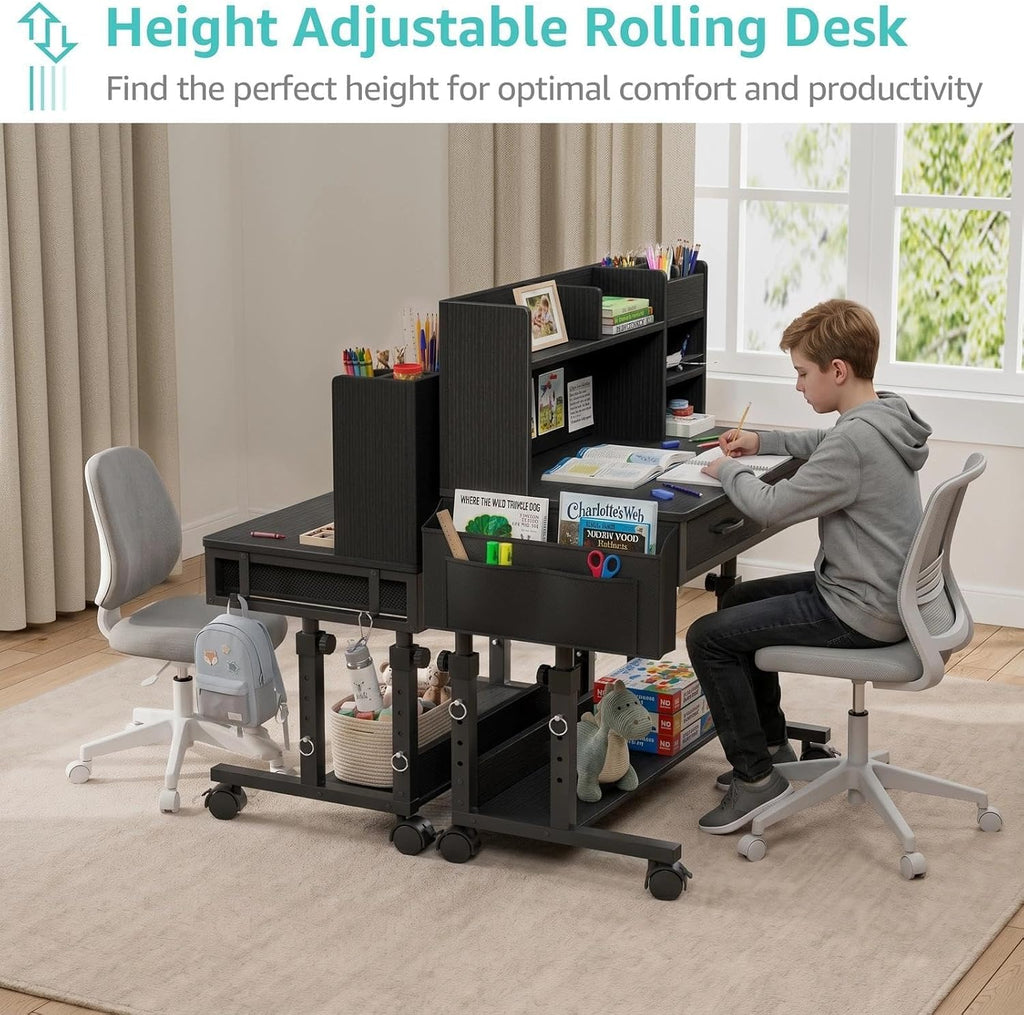 Black Mobile Kids Desk - 32" Height Adjustable Study Table with Hutch