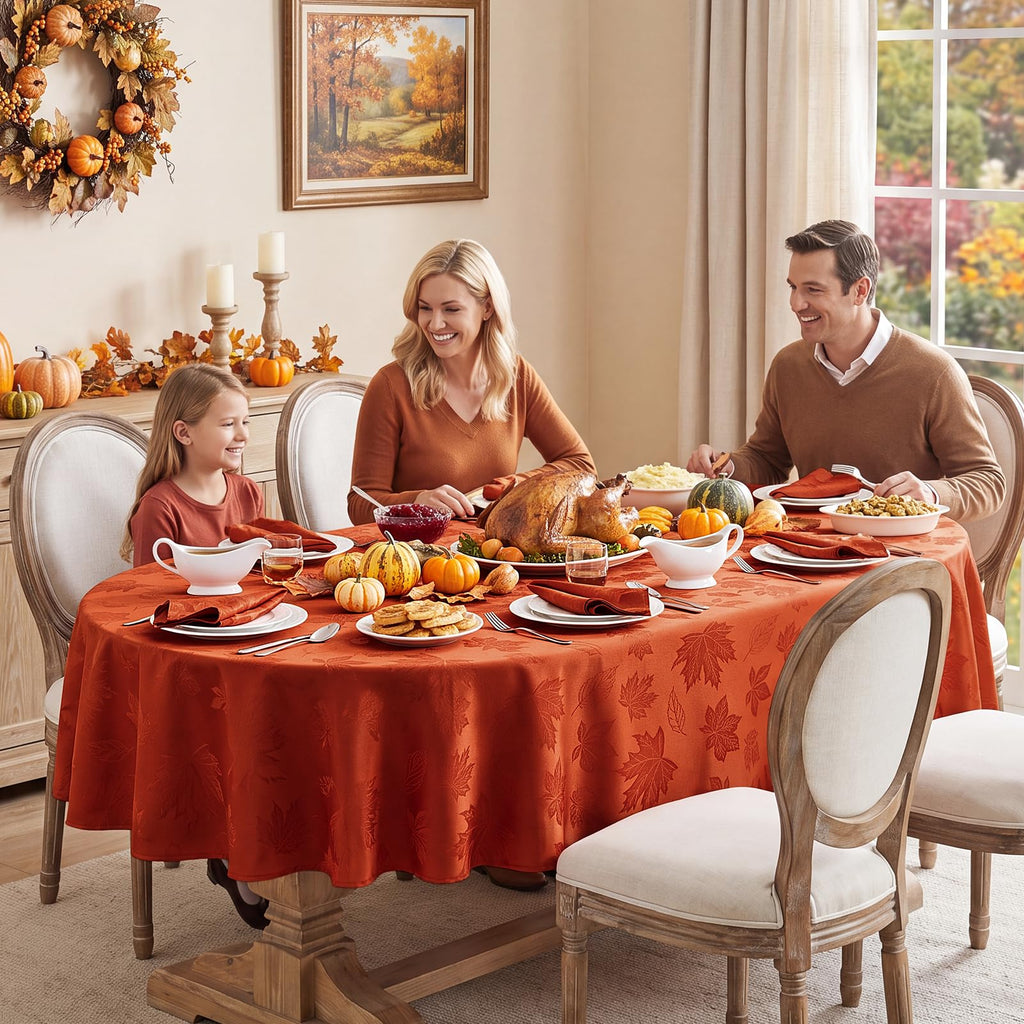 Fall Jacquard Oval Tablecloth, 60 x 84 Inch Burnt Orange