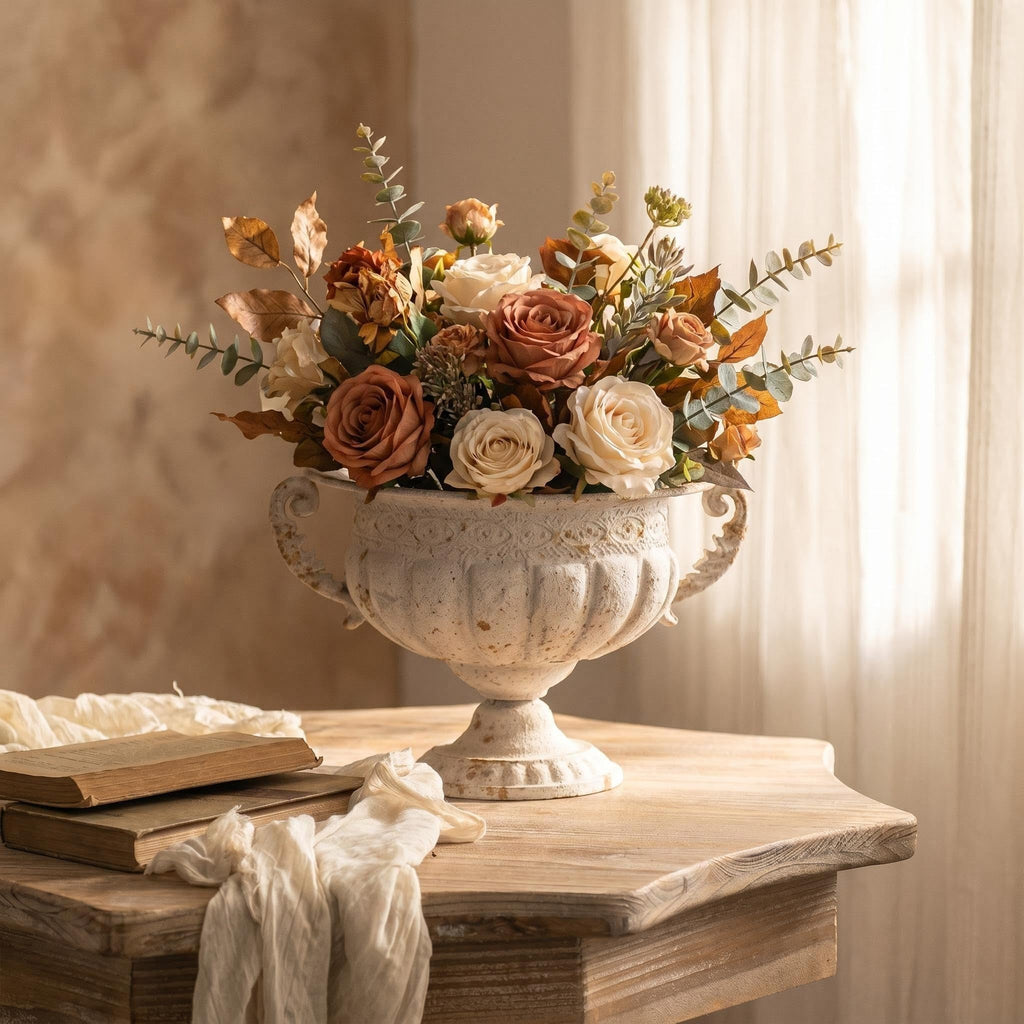 Vintage Distressed White Urn Planter with Embossed Pattern & Handles, 13.58" Iron Decorative Flower Pot, Classic