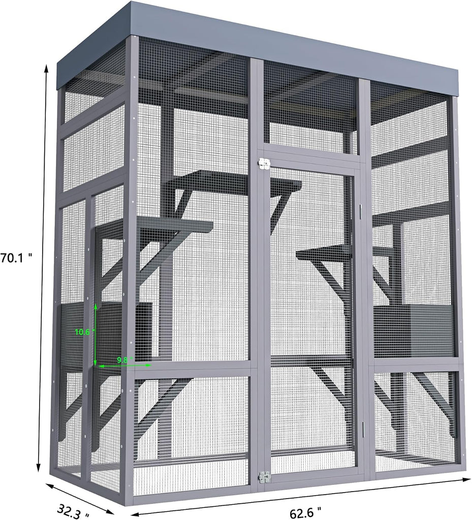 62.6in Wooden Outdoor Catio with Waterproof Roof, Platforms & 2 Cat Houses