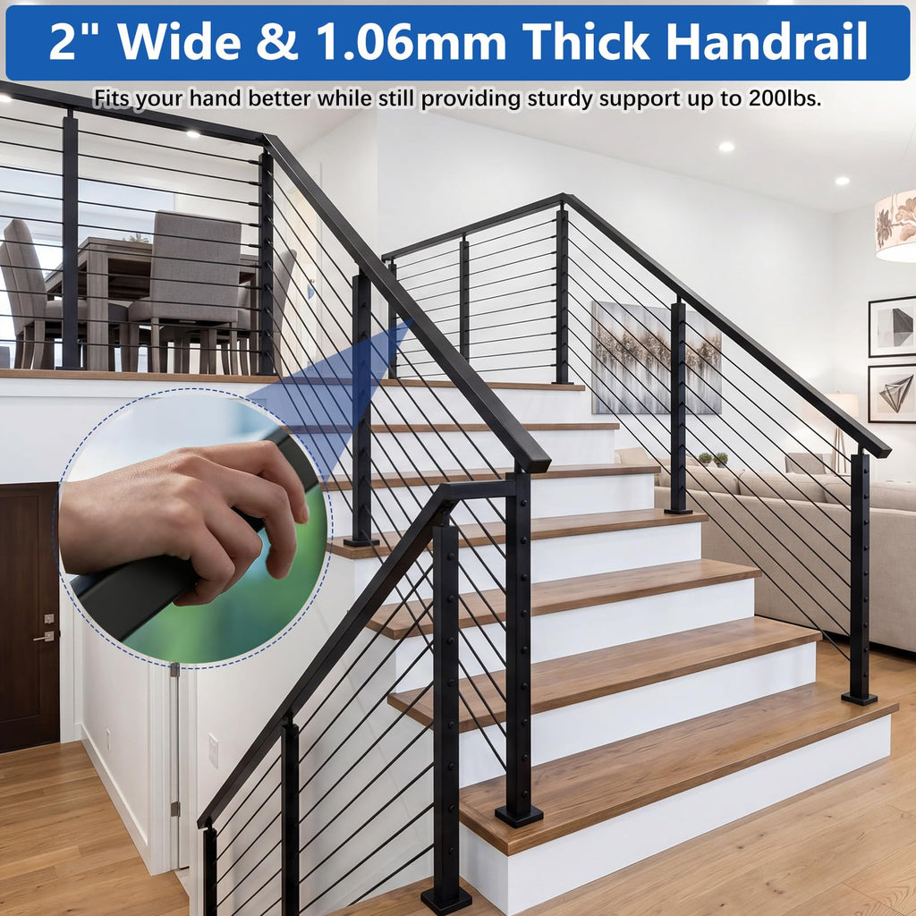 10FT T304 Stainless Steel Cable Railing Black Handrail, 2" W x 1" H