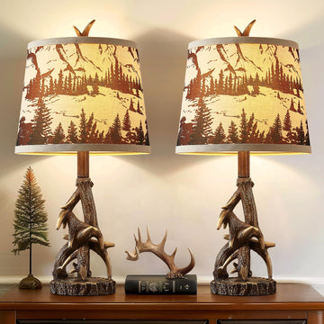23'' Rustic Deer Antler Table Lamps Set of 2 for Log Cab Nightstand Western Country Side Lamp End Table Study Room