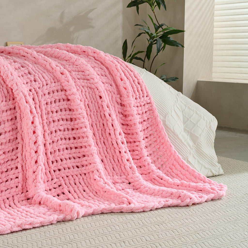 Chunky Knit Blanket Throw 50x60 Inches, Handmade Cable Knit Crochet Blanket, Cozy Lightweight All