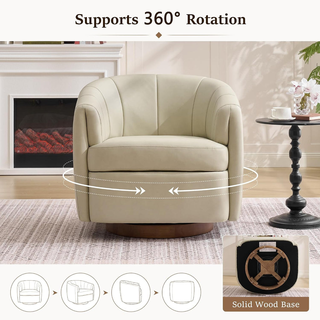 Swivel Accent Chair, PU Leather Barrel Armchair with Wood Base, Cream