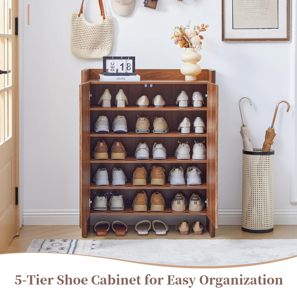 5-Tier Fluted Shoe Cabinet with Doors, Walnut