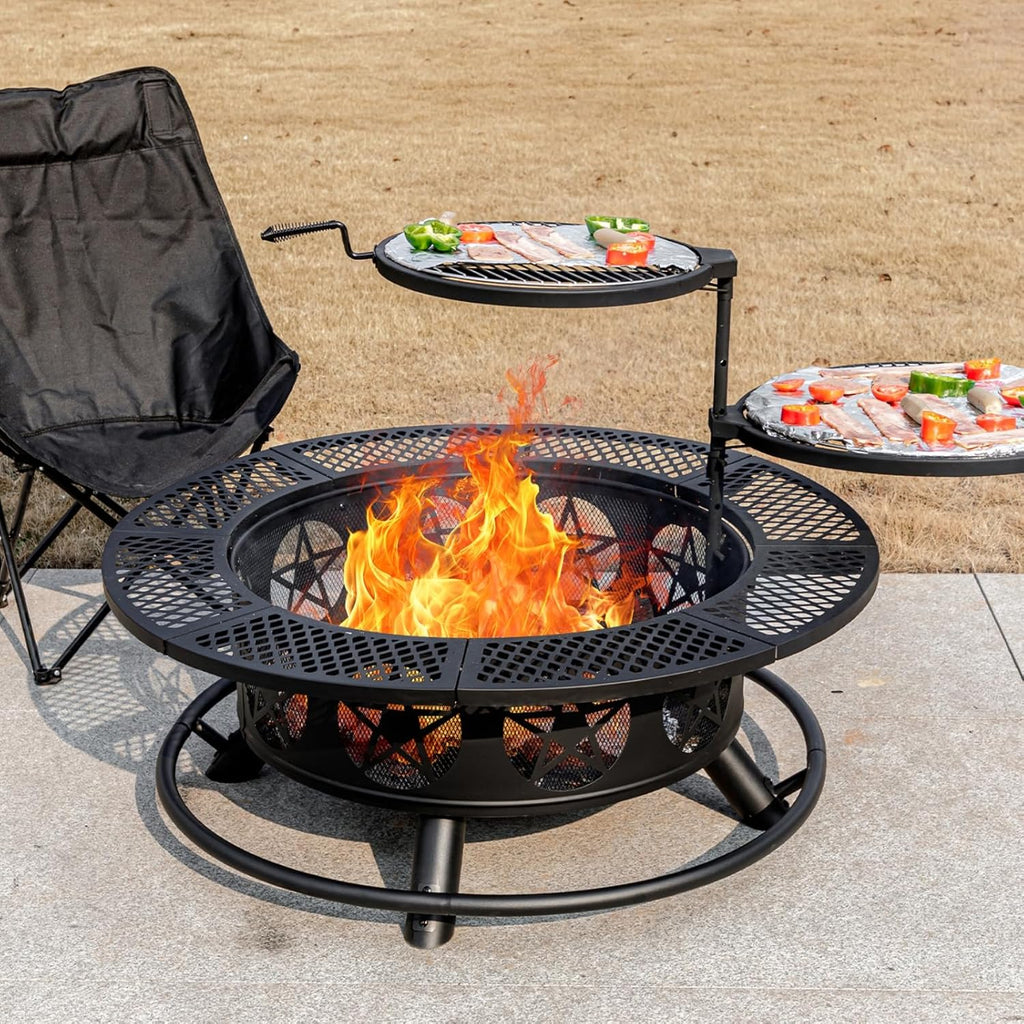 36 Inch Fire Pit with 2 Grills, Wood Burning Fire Pits for Outside with Lid & Poker