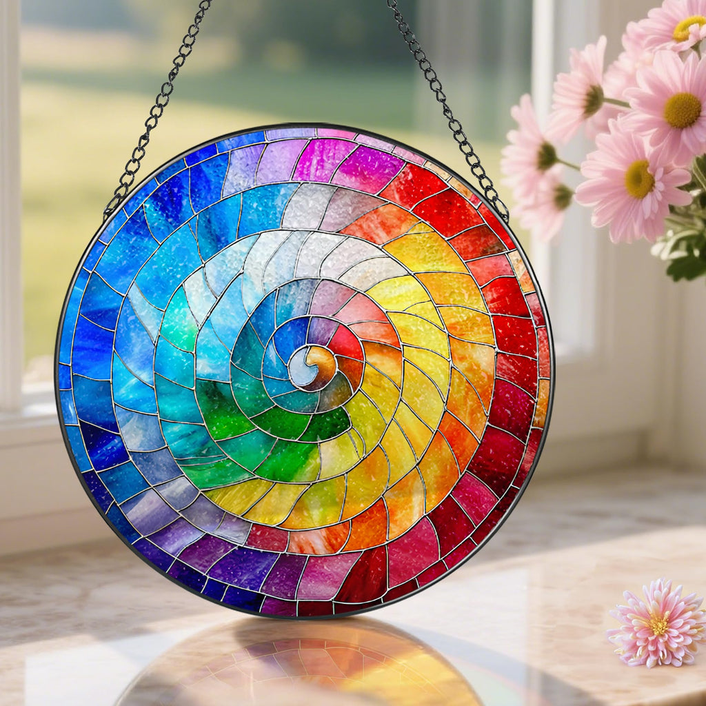Stained Glass Window Hanging, 8 Inch Rainbow Spiral Stained Glass Suncatcher, Spiral Window Hanging Decor, Geometric
