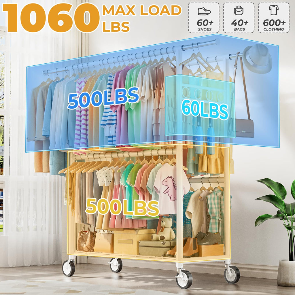 Heavy Duty Clothes Rack Load 1060LBS, Four Rods Rolling Clothing Racks for Hanging Clothes, Rolling Garment Rack With