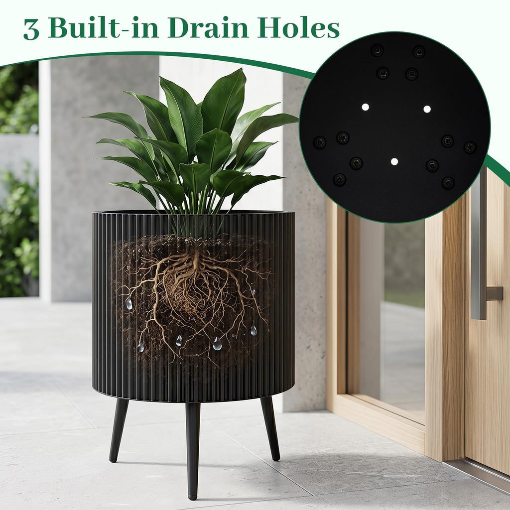 20 Inch Plant Pot w/ Stand Set 2, Mid-Century Modern Fluted Planter