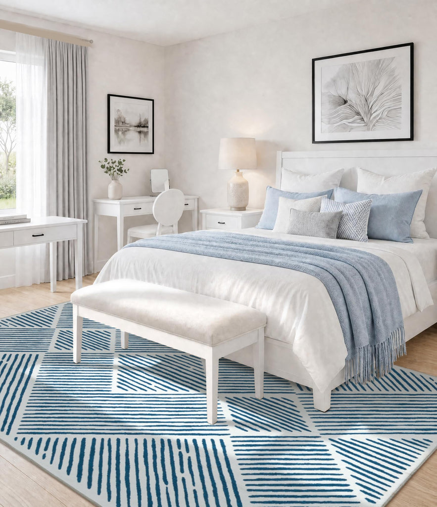 Washable Blue and White Rug, Modern Area Rug