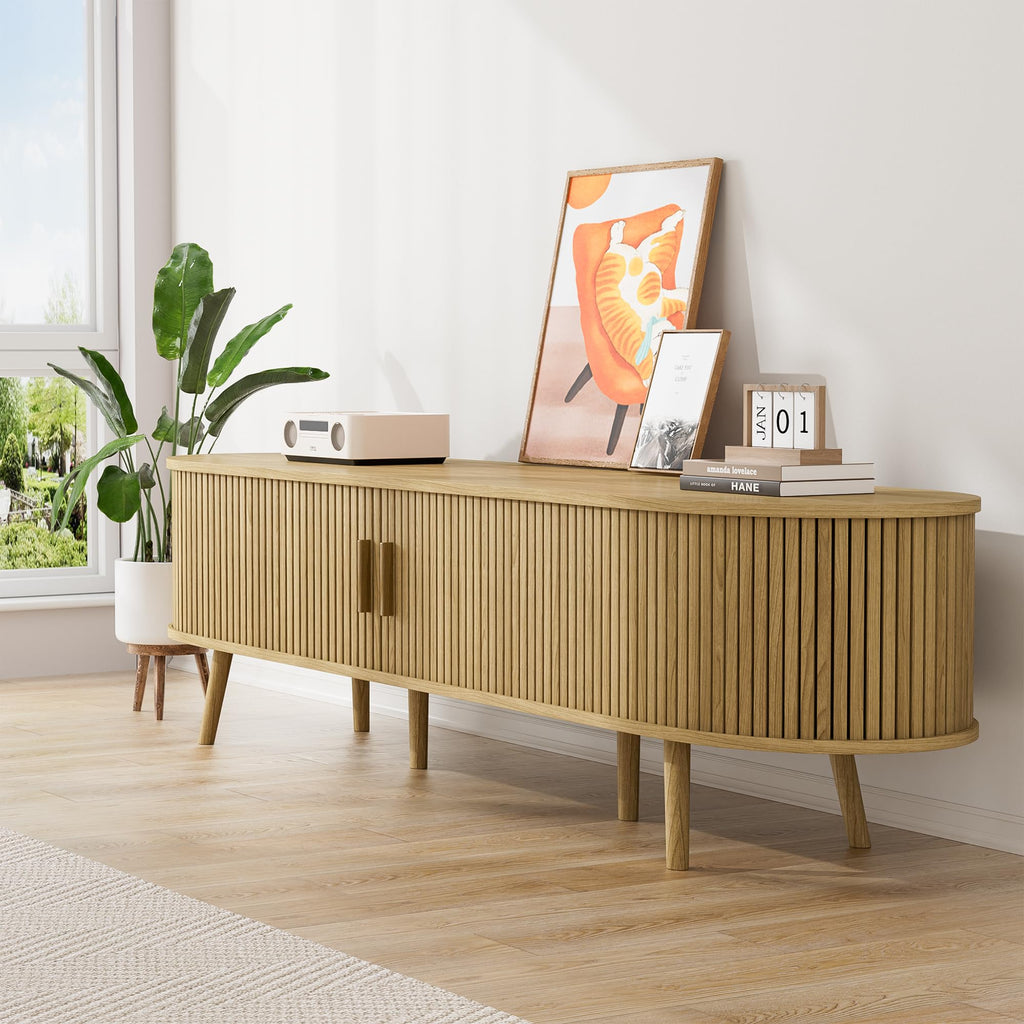 69" Fluted TV Stand, Mid Century Modern TV Stand Fits TVs Up to 75", Wood Entertainment Center, Farmhouse TV and
