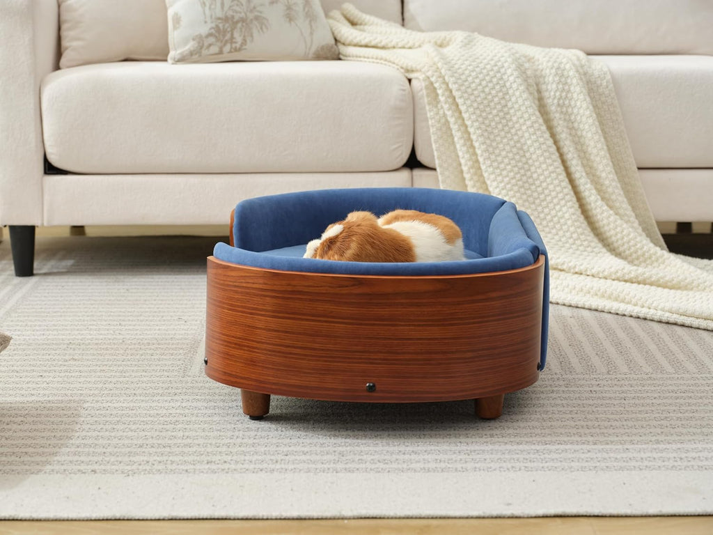 Scandinavian Style Elevated Dog Bed Pet Sofa with Solid Wood Legs and Walnut Bent Wood Back, Dark Blue Velvet, Mid Size