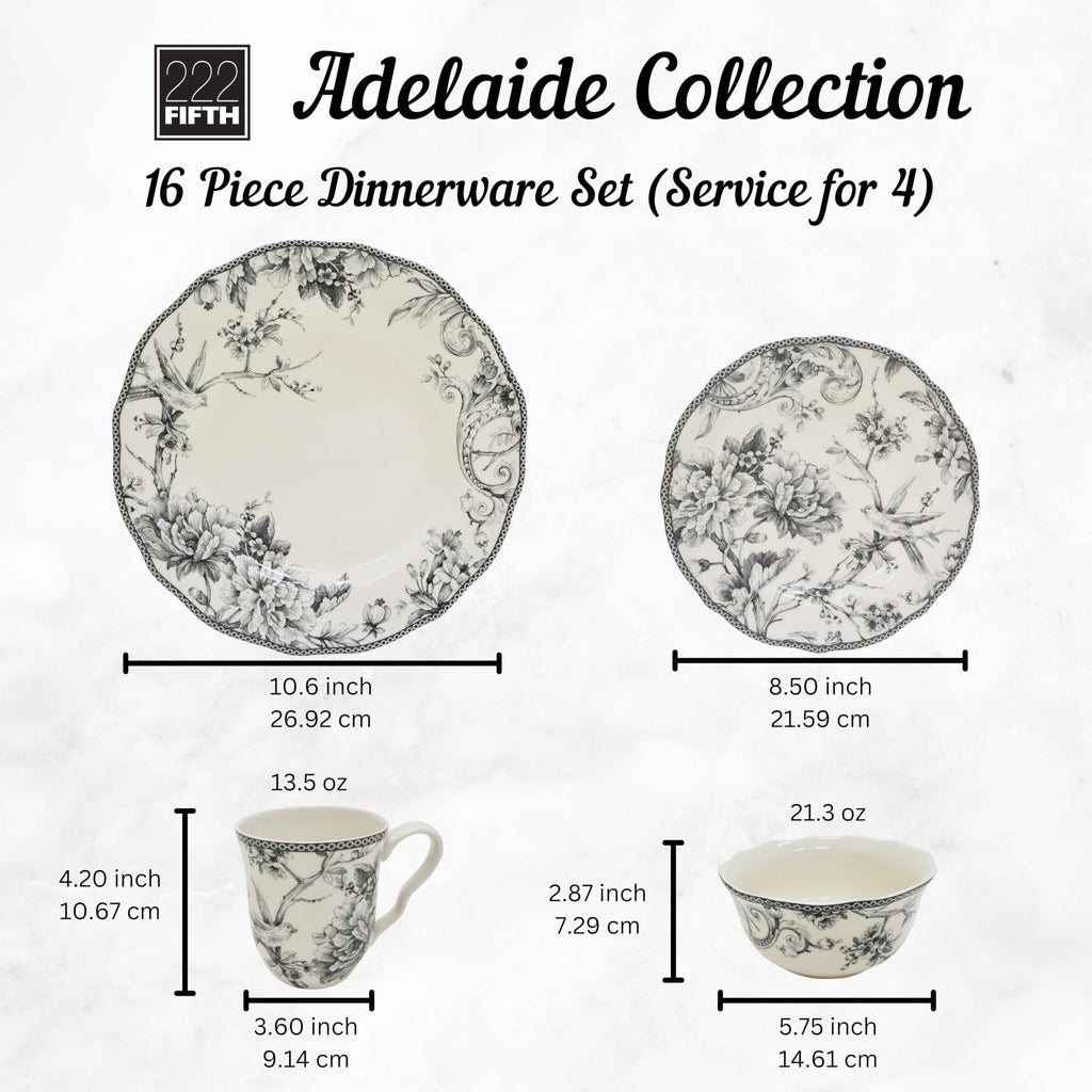 Adelaide 16-Piece Casual Grey Porcelain Dinnerware Set - Service for 4, Classic Toile Bird & Floral Design, Microwave