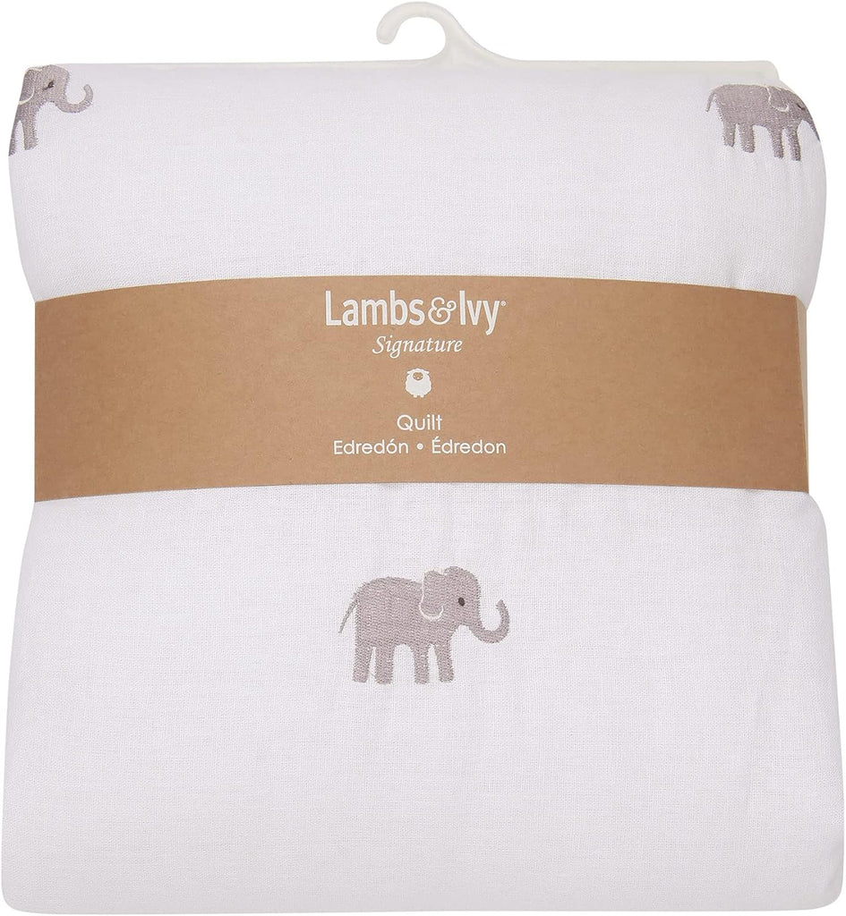 Signature Elephant Creamy White Linen Embroidered Baby Crib Quilt