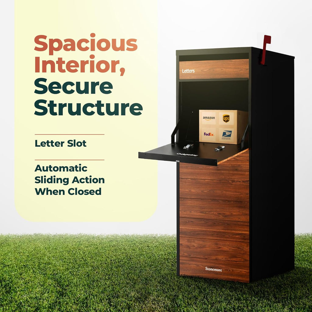 Cali USPS Compatible Mailbox, Classic Black/Oak Package Mailbox, Anti-Theft Locking Parcel Drop Box Or Curbside