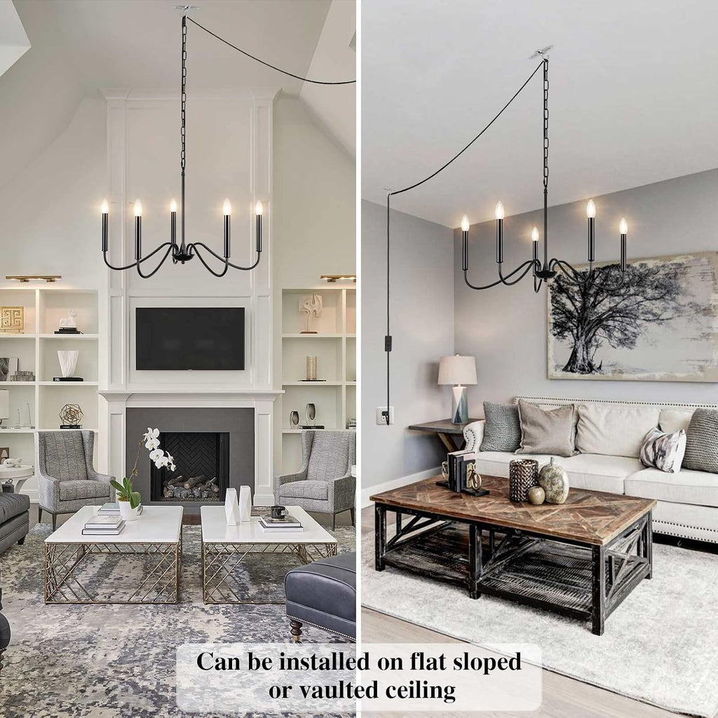 Black Plug in Chandelier Lighting with Long Cord, 5 Light Farmhouse Plug in Hanging Light Fixture for Dining Room