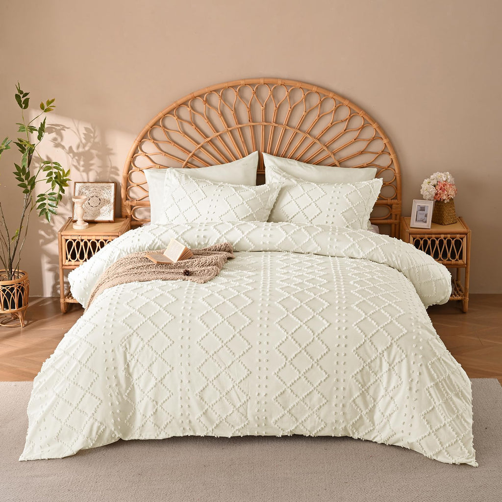 Beige Tufted Duvet Cover Set, 5 Piece Boho Queen Bedding