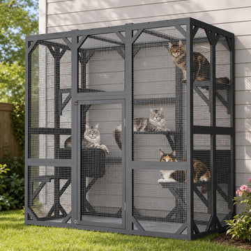 71" H Catio Outdoor Cat Enclosure Large Walk in Wooden Outdoor Catio Grey