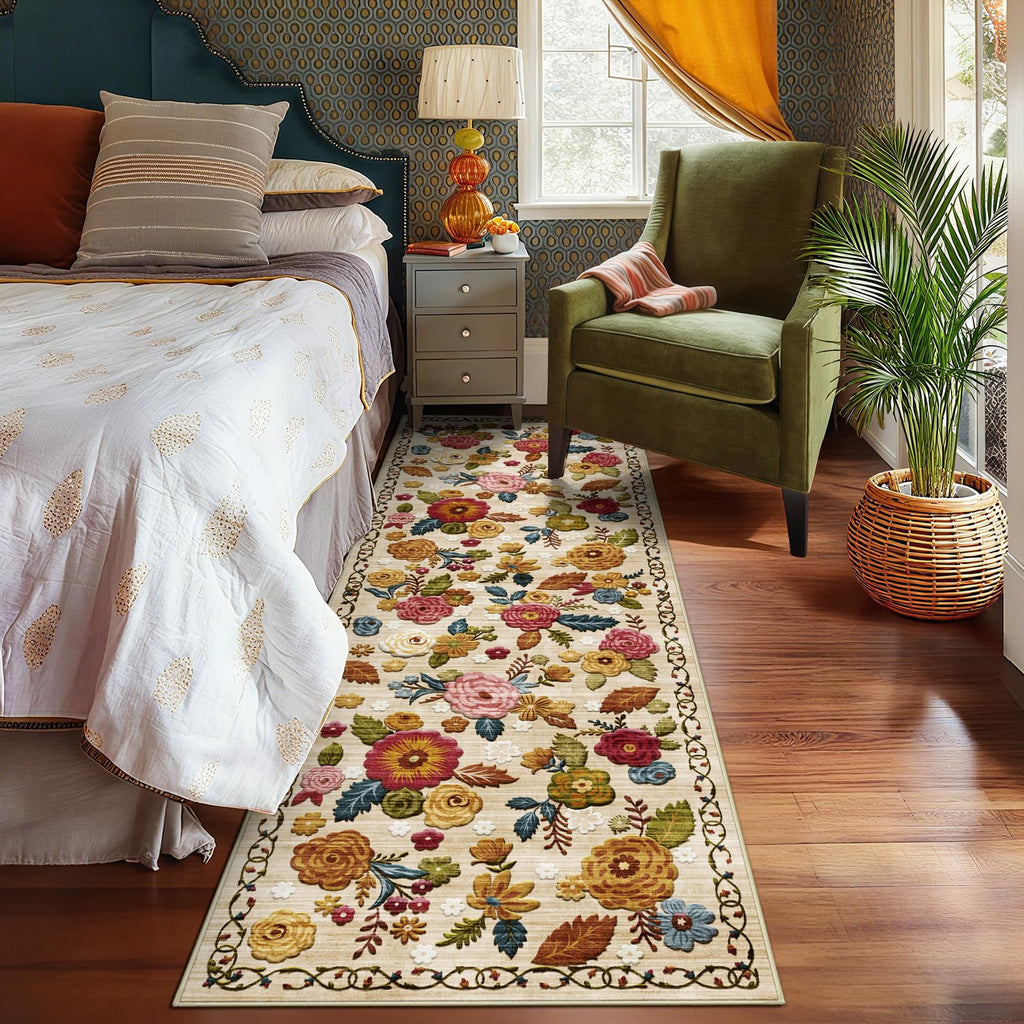 Washable 2.6x10 Runner Rug, Beige Boho Floral Non-Slip