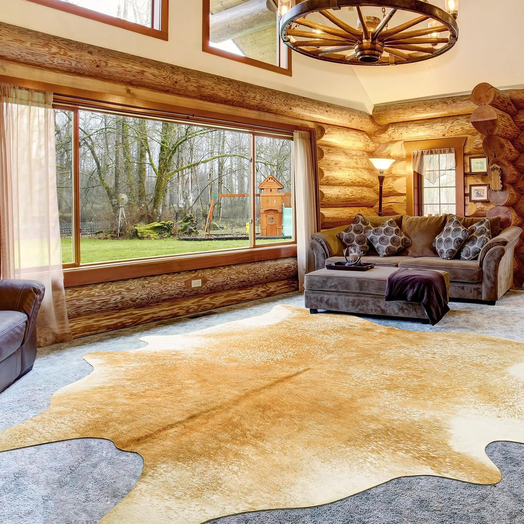 Washable Cowhide Rug , Large 6x7 Khaki Faux Cow Print Area Rugs, Non Slip Animal Sk Carpet, Rustic Western Home Decor