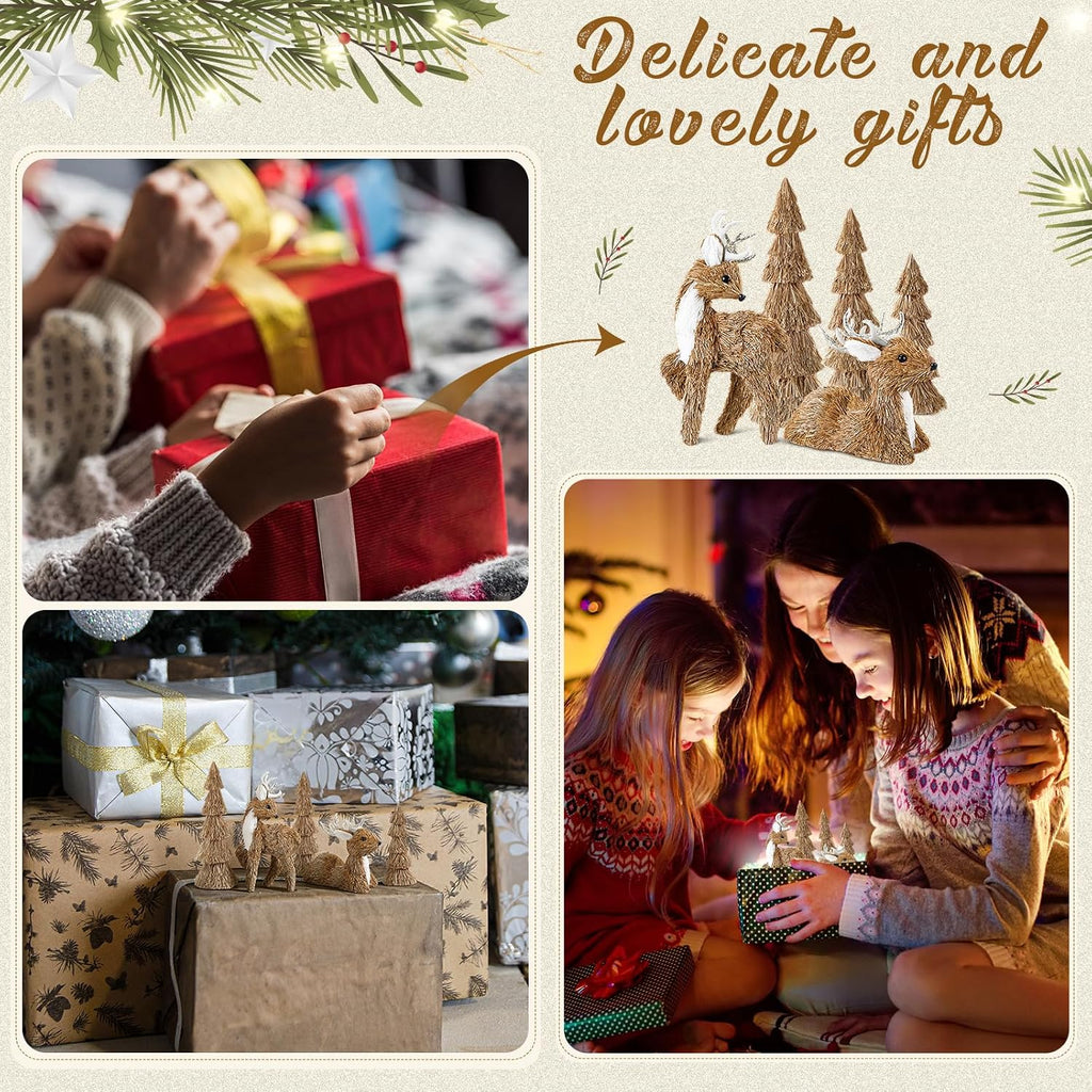 5 Pcs Christmas Sisal Reindeer Tree Centerpieces Table Fireplace Decor Christmas Deer Figurines Rustic Woodland