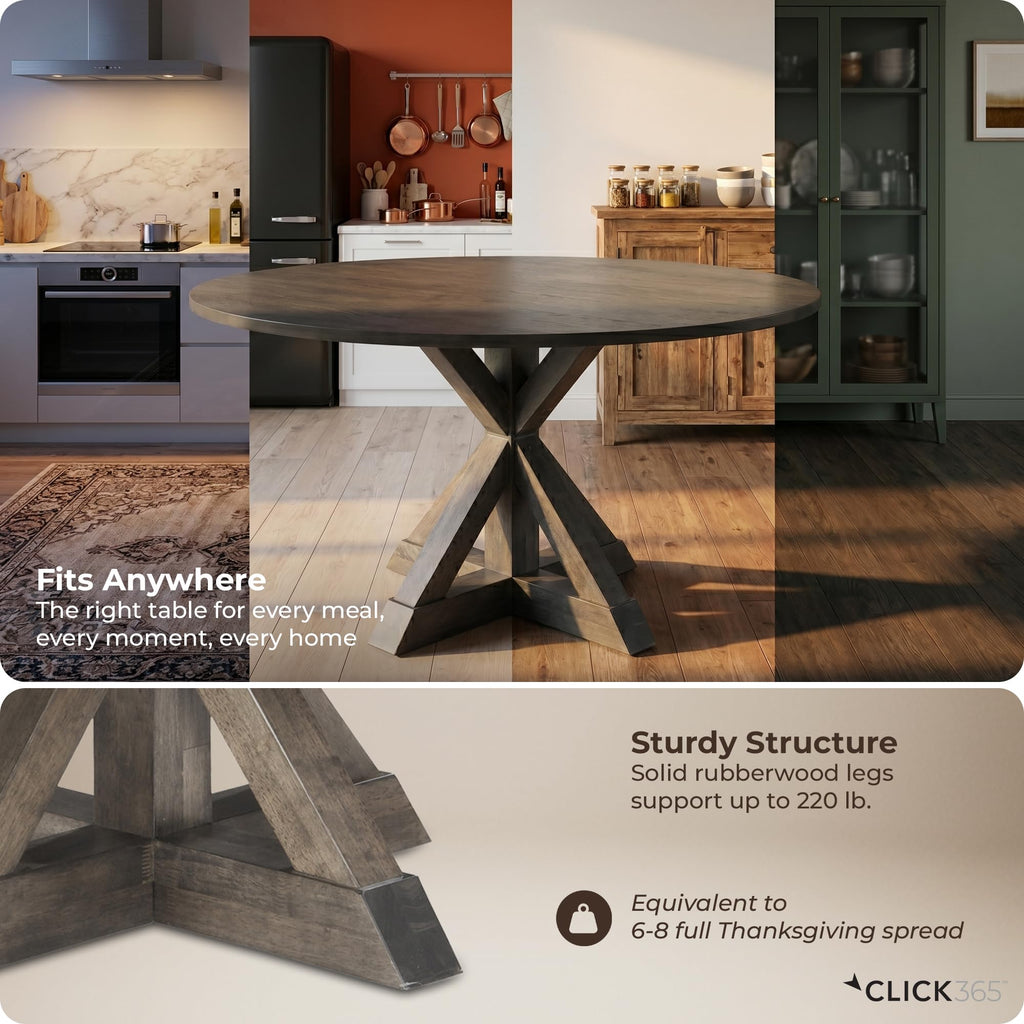 Alfred 46.5 Inch Round Solid Wood Dining Table for 4, Rustic Farmhouse Kitchen Table with Wood Finish and Trestle