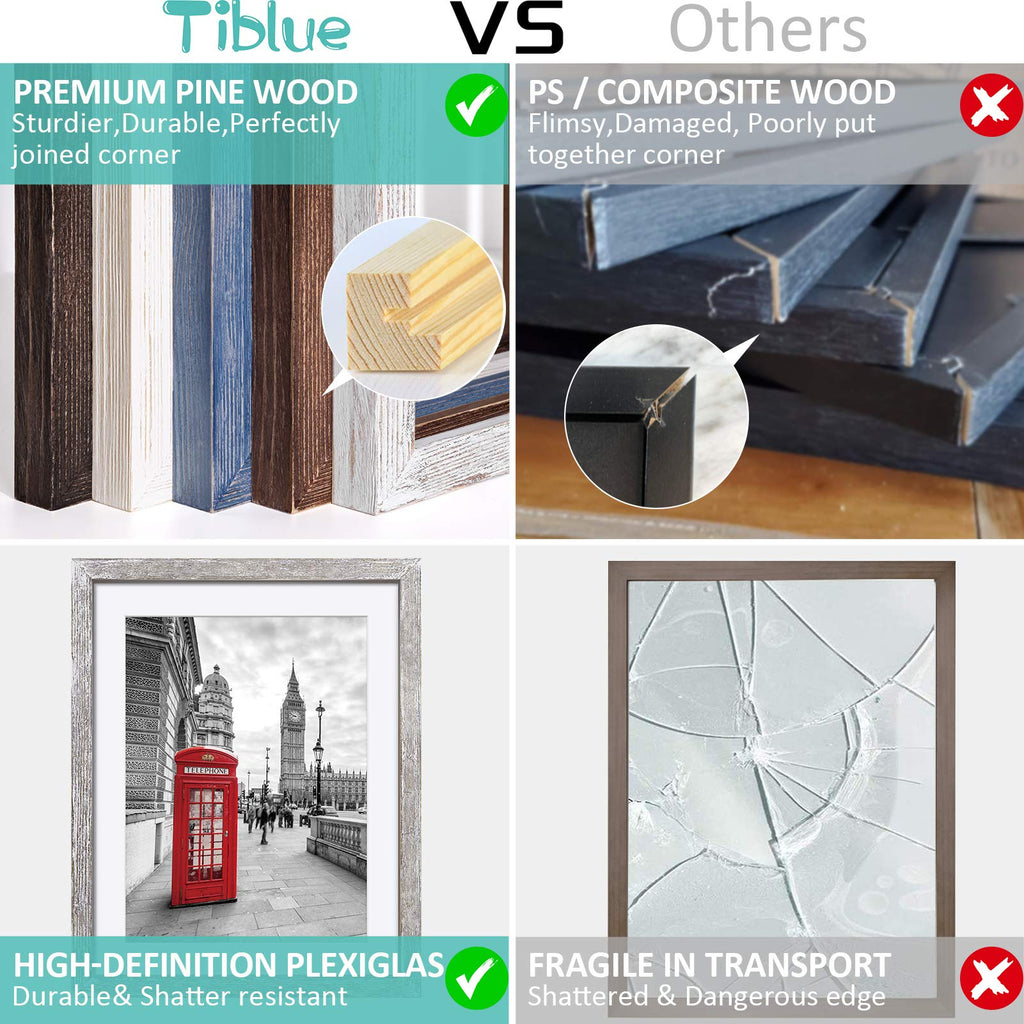 11x14 Solid Wood Picture Frame, Distressed Driftwood White - Rustic Farmhouse Design, 2 Mats for 9x12 or 8x10 Photos