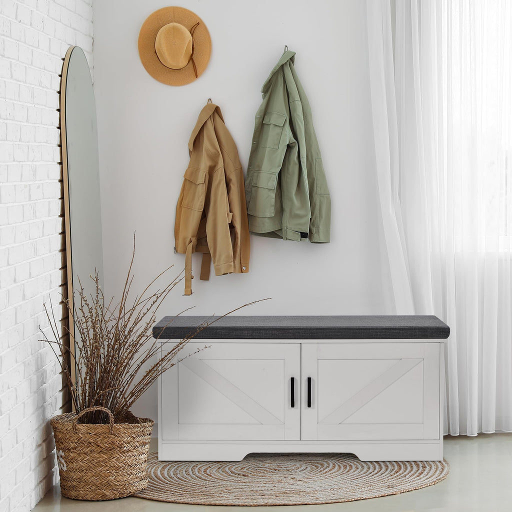 Farmhouse Shoe Storage Bench with 2 Barn Doors & Padded Seat Cushion
