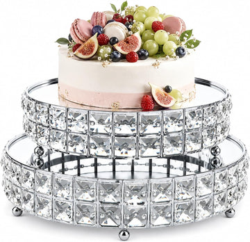 Silver Crystal Cake Stand Set with Mirror Top, 10" & 12" Round Metal Dessert Pedestal with Shining Crystal - Set of 2