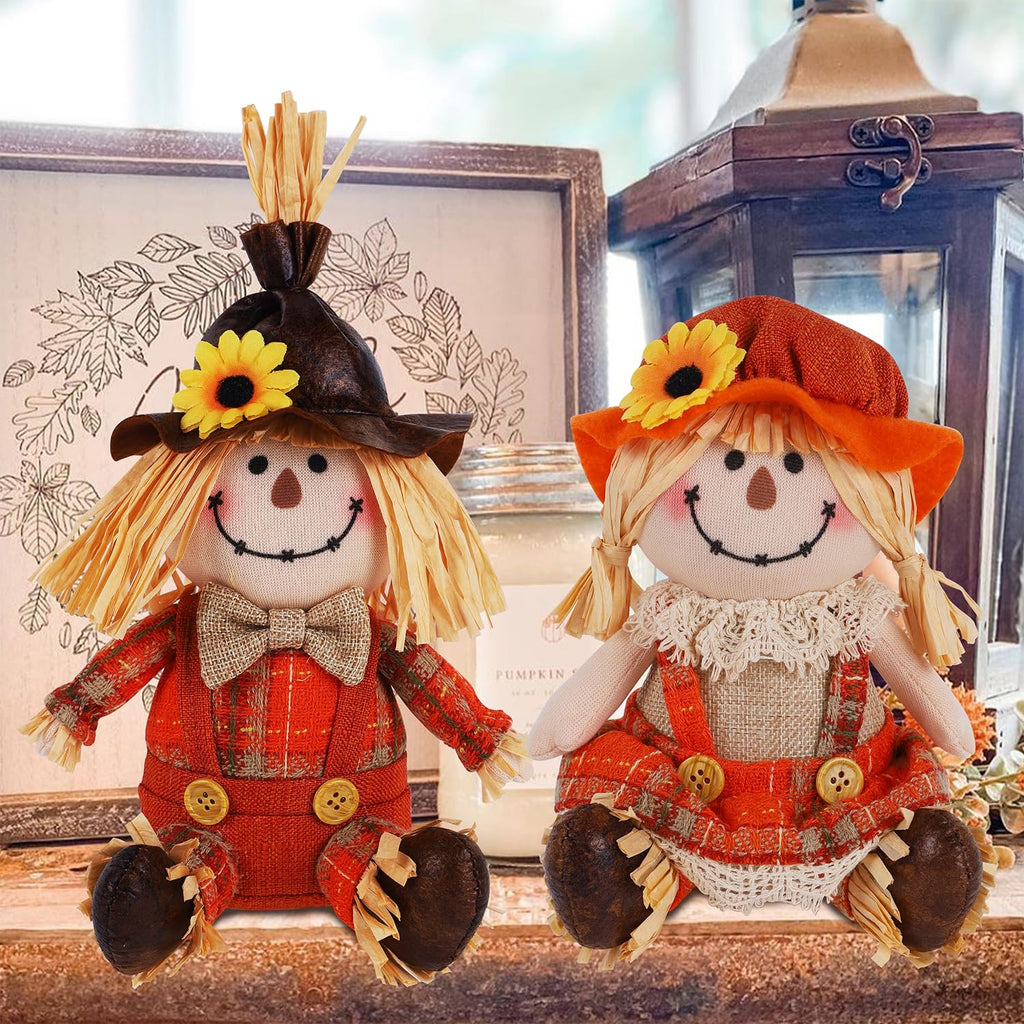 2 Pack Fall Tabletop Decorations Scarecrows, Thanksgiving Harvest Handmade Scarecrow, Autumn Shelf Sitters Figurine