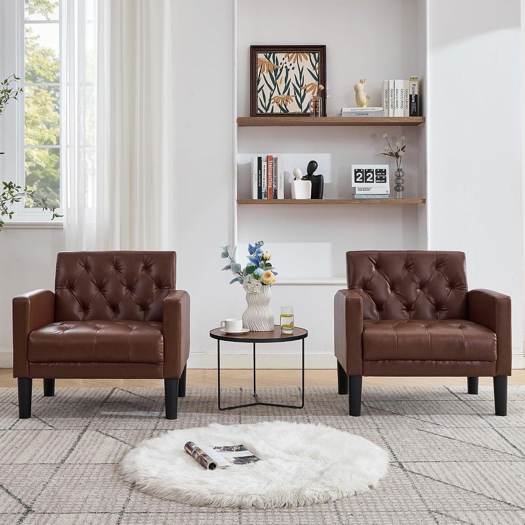 Leather Accent Chairs, Tufted Armchairs - Set of 2