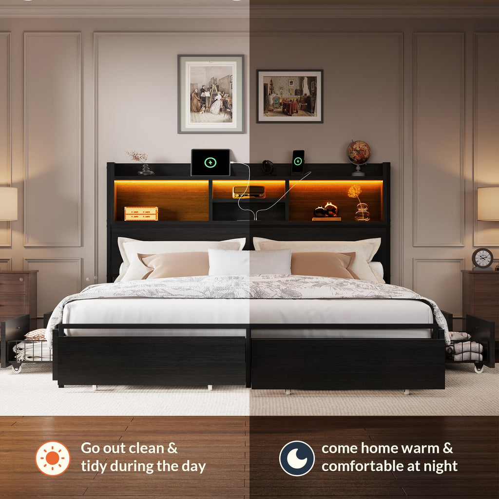 California King Size Bed Frame with 6 Storage Drawers and Headboard Wooden Platform Bed Frame with LED Lights and