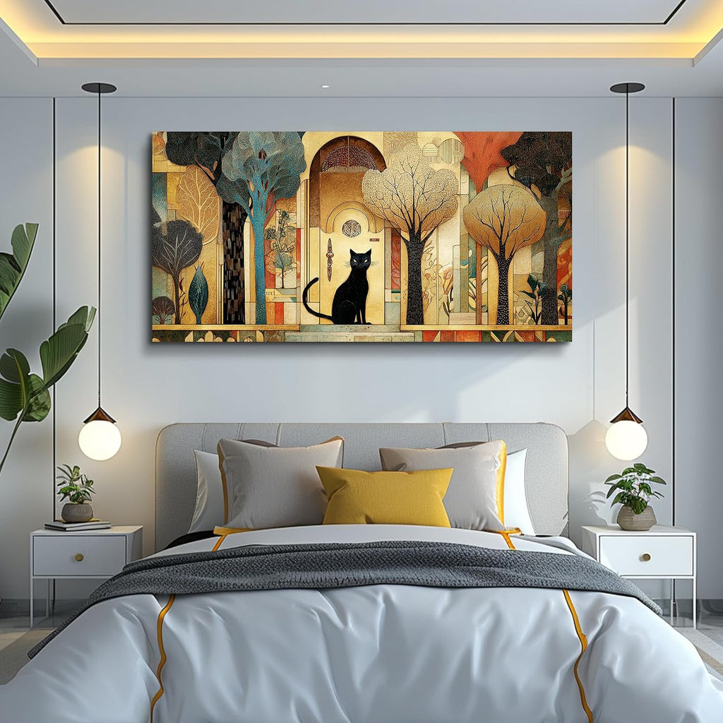 Large Canvas Wall Art Cat Abstract Pictures Vintage Nature Wall Art Modern Farmhouse Cottage Artwork Gold Trees City