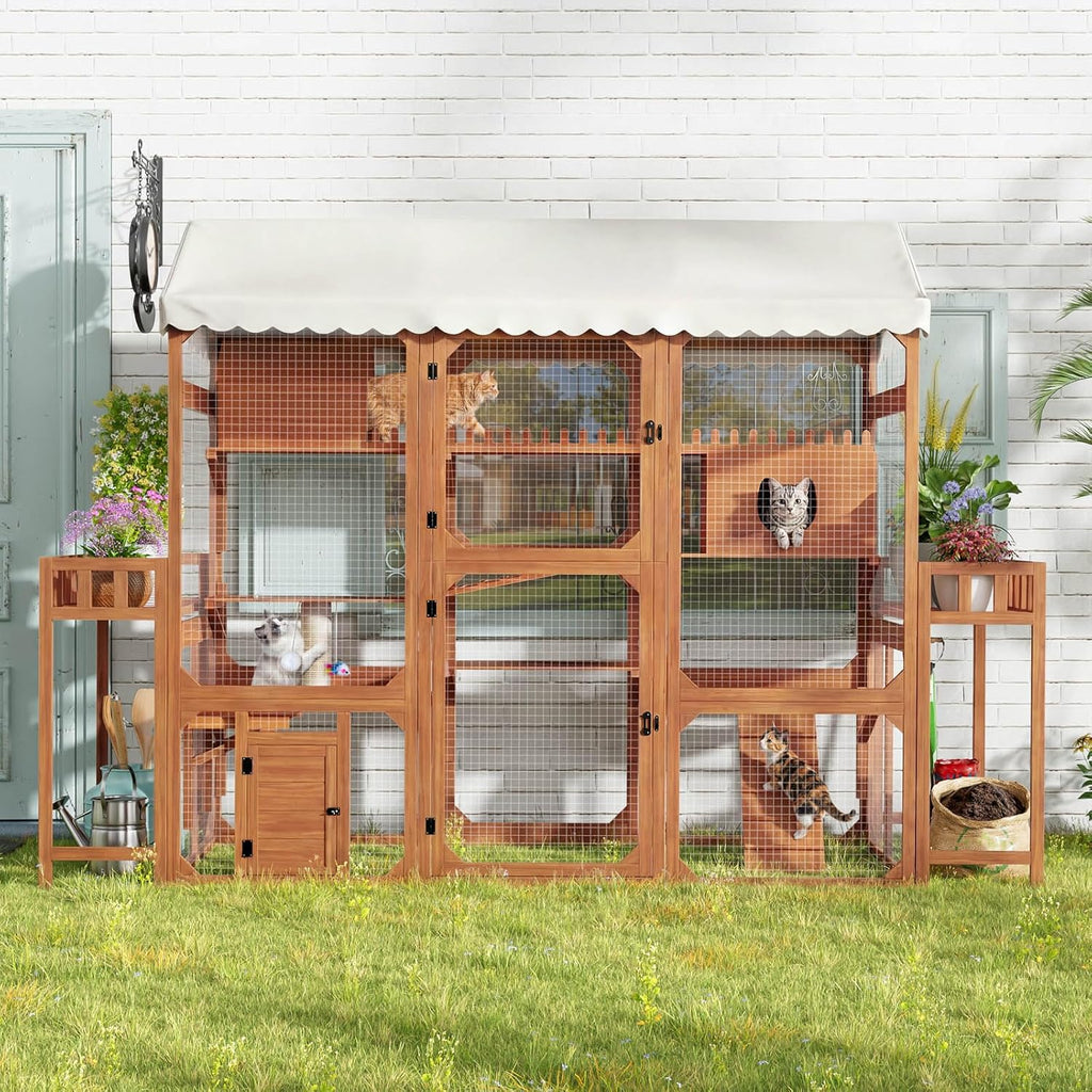Large Catio Outdoor Cat Enclosure, Solid Wood Cat House for 2-8 Cats, Brown