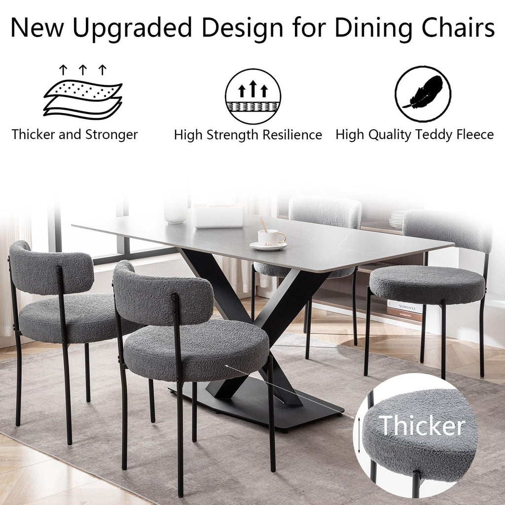Grey Boucle Set of 6, Upholstered Dining Room Chairs with Black Metal Legs, Modern Dining Chair