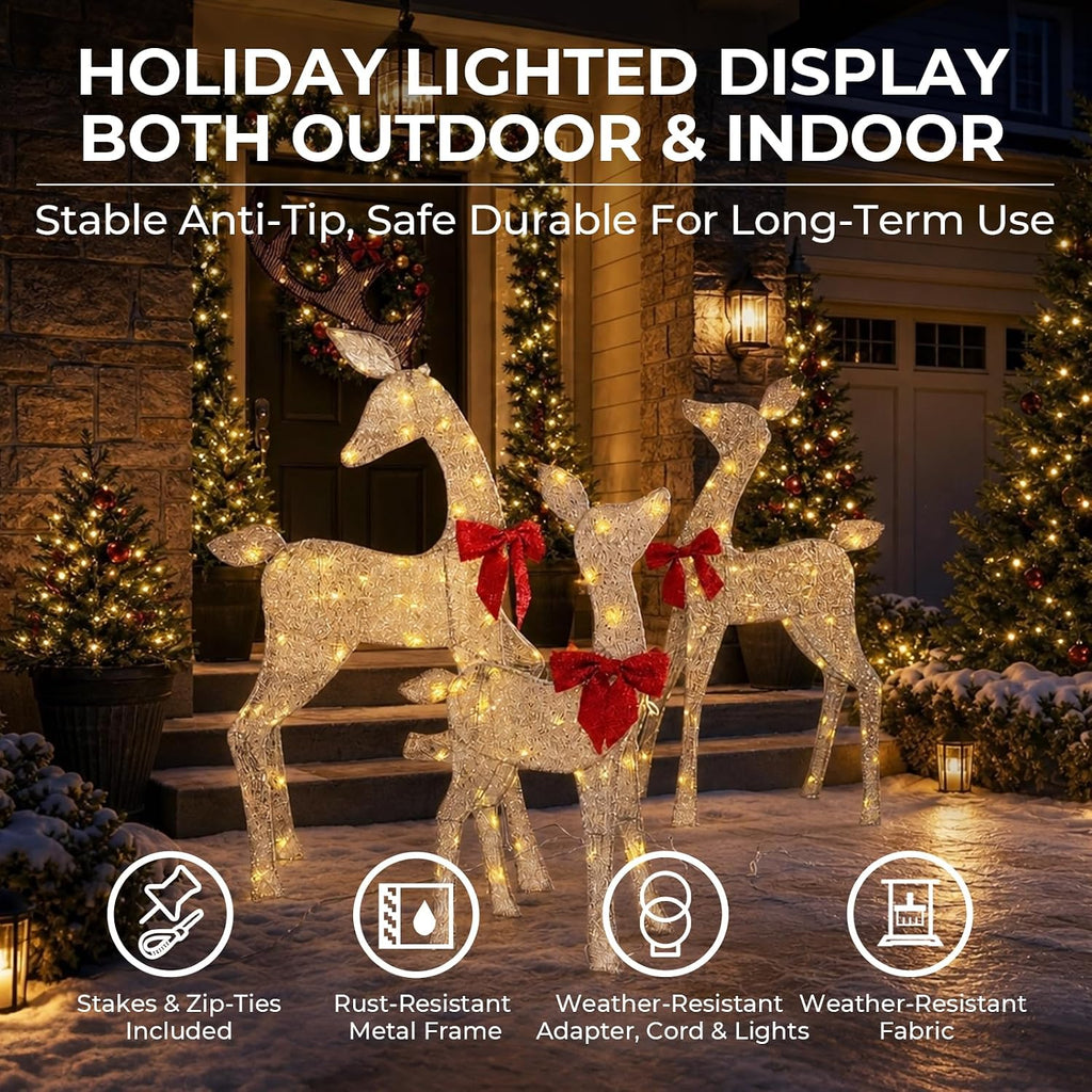 4.5Ft Lighted Reindeer Outdoor Christmas 2D Deer Family Sets Outdoor Reindeer Christmas Yard Decoration