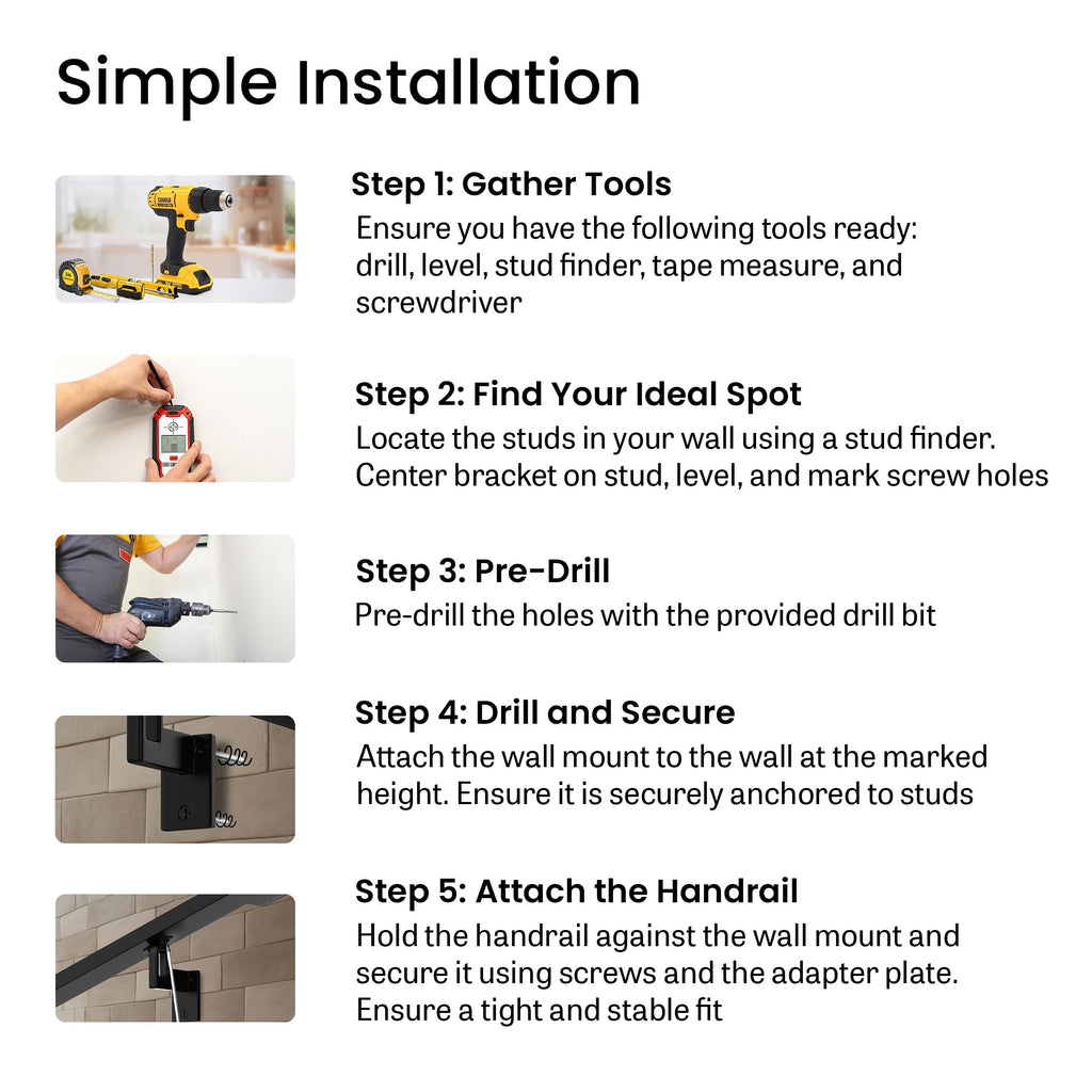 Modern Aluminum Handrail Complete DIY Kit - Matte Black with Adjustable Wall Mount Brackets Included (4' Length)