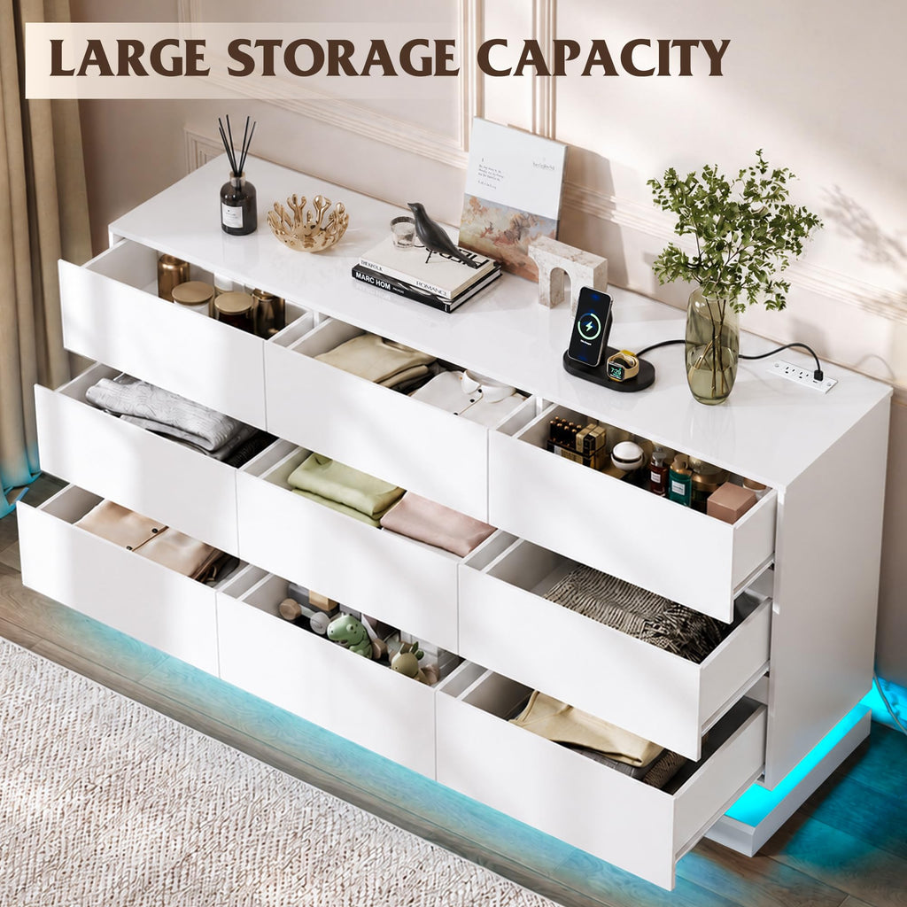 9 Drawer Dresser with LED Light, Dresser with Charging Station
