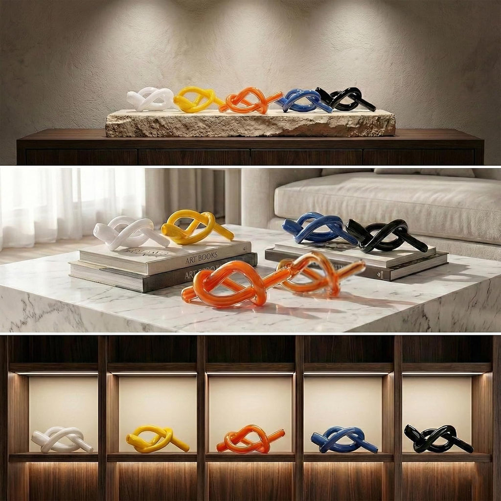 Orange Abstract Glass Knot Sculpture, Hand Blown Glass Decor for Coffee Table TV Cabinet, Shelf or Mantel Accent