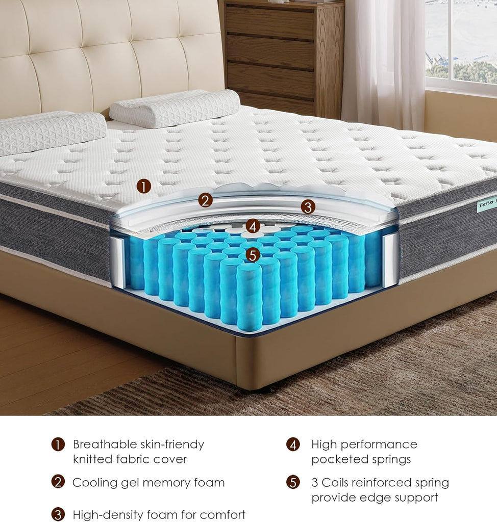 Full Size Mattress 12 Inch, Cooling Hybrid Mattress in a Box | Gel Memory Foam Pocket Springs, Medium Firm
