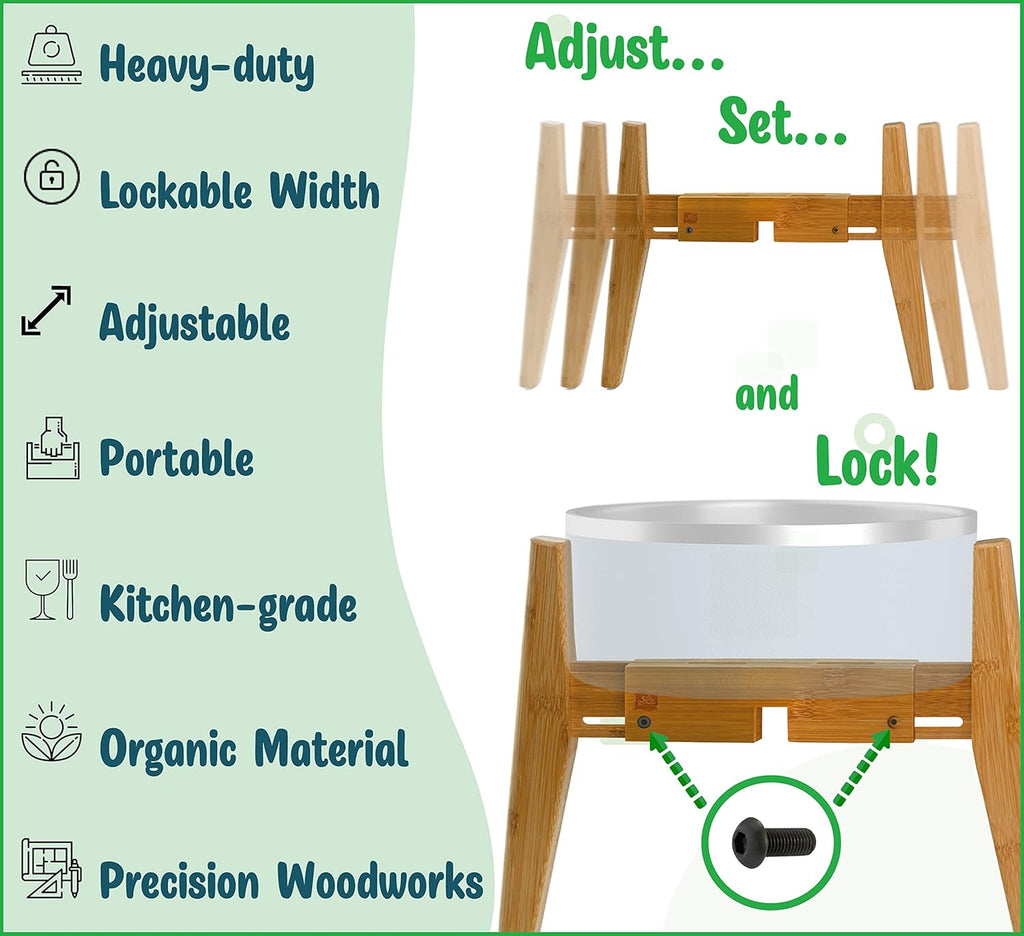 Dog Bowl Stand for Mid-Large Dogs | Adjustable, Bamboo, 12-inch High