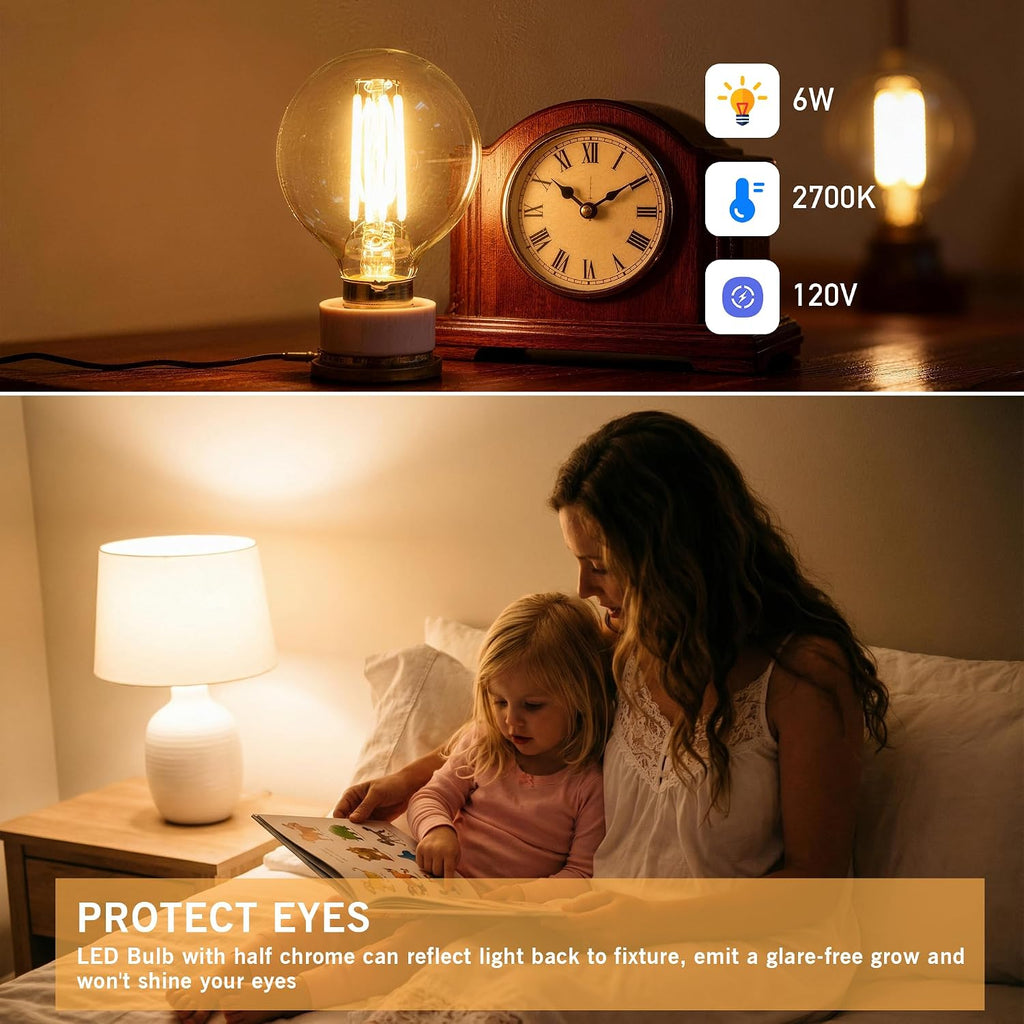 Dimmable Globe G16.5 E12 LED Bulb 60W,Type G Bulb 6W,2700K 600LM