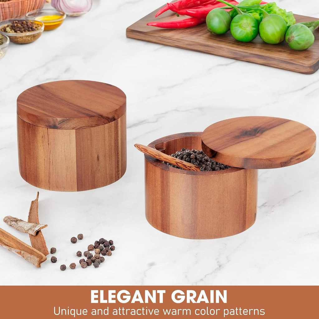 Acacia Wood Salt Cellar with Spoon, 9 oz Salt Box with Swivel Lid