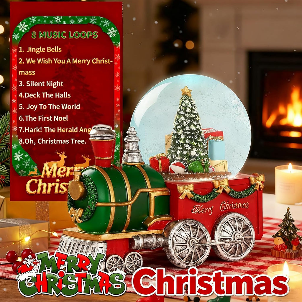 Lighted Musical Christmas Train Snow Globe Lantern with Christmas Trees, Battery Operated Water Glittering Lantern