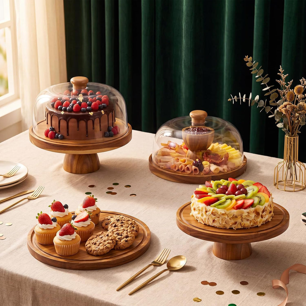 Acacia Wood Cake Stand with Lid, 12in Shockproof Acrylic Dome Display Stand