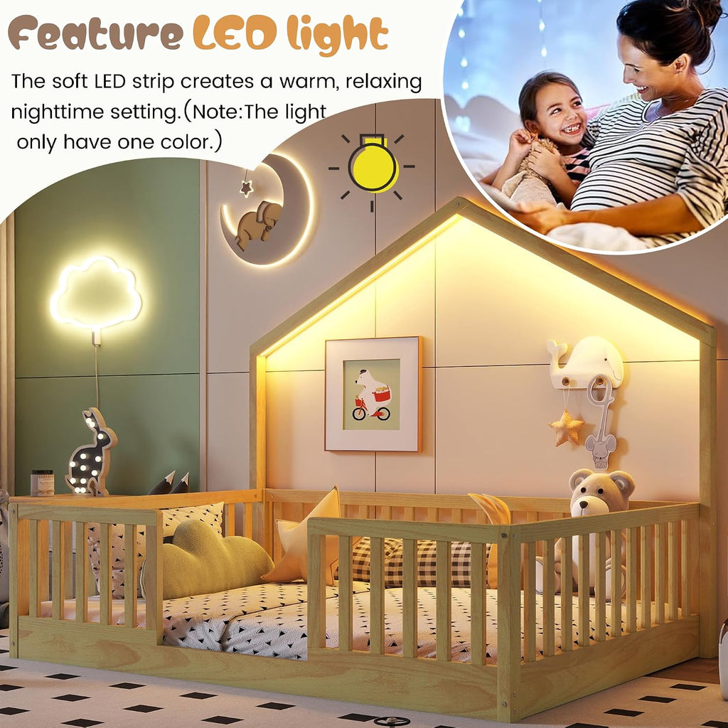 Montessori Floor Bed with High Rails, Wood House Beds Frame with LED Light, Low Profile Montessori Bed
